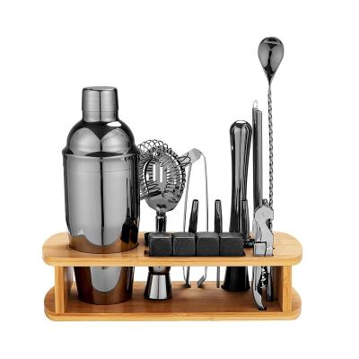 China Mix and Stir Wholesale Material Cocktail Shaker Set Bamboo Stand Jigger 750ml Stainless Steel Bar Accessories for sale