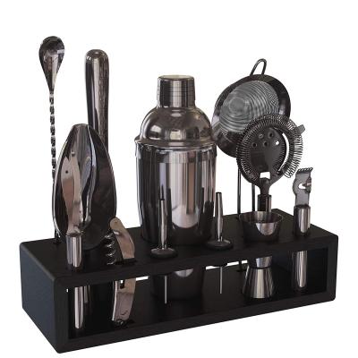 China Mix and Stir Hot-selling Wooden Cocktail Shaker Set Bar Tools Stainless Steel Jigger 750ml Holder for sale