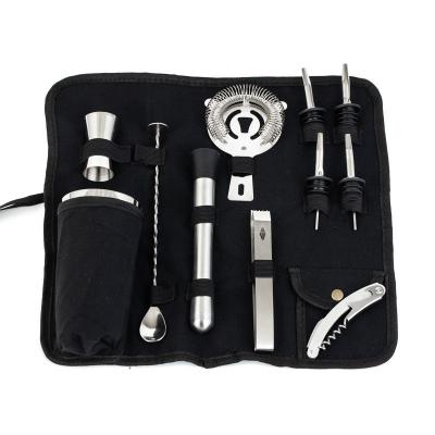 China Mix and Stir Popular Stainless Steel Bar Tools Kit Mixing Cocktail Shaker Set With Canvas Leather Bag 550ml for sale