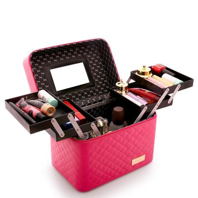 China Large Capacity Women's Storage Makeup Bag Toiletry Cosmetic Box HZB003-2 Portable Leather Cosmetic Beauty Filter Frame Makeup Bag for sale