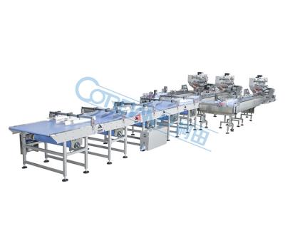 China Fully Automatic GARMENT Packing Machine Line For Small Bread Cookie Waffle Cookie for sale