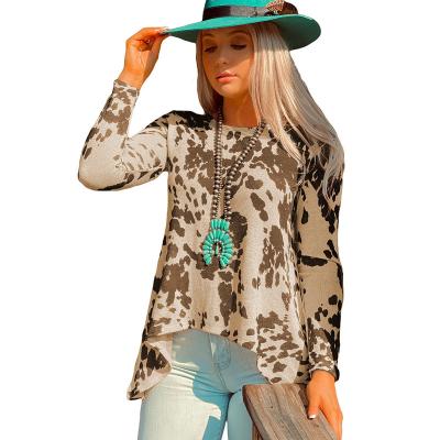 China Wholesale QUICK DRY Western Sweater Woman Cow Print Irregular Long Sleeve T-Shirt for sale