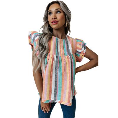 China Cute Causal Ruffle Women Multicolor Striped Striped Anti-Shrink Sleeve Top Tiered Ladies Causal Blouse for sale