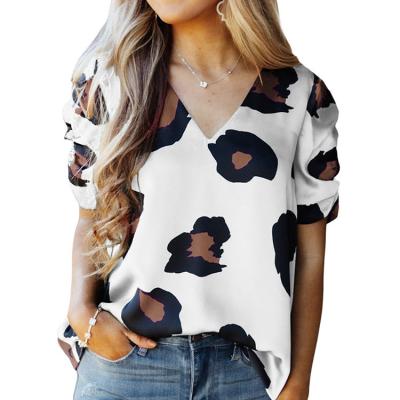 China Wholesale Anti-wrinkle Women Ruched Tops Leopard Loose Print Ladies Short Sleeve Top Blouse for sale