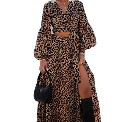 China 2023 breathable new fashion floral print leopard split sexy performance women casual long sleeve long waist dress for sale