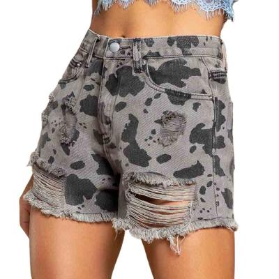 China New summer fashion leopard print denim shorts hot pants female casual ripped straight waist breathable high waist shorts denim ripped pants for sale