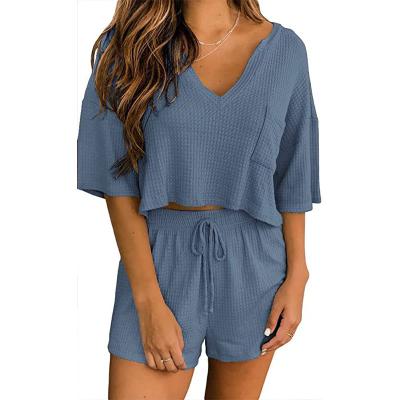 China Waterproof Women's Waffle V-Neckline Short Sleeve Blouse Shorts Summer Hip Hop Appropriate Home Set Suit for sale