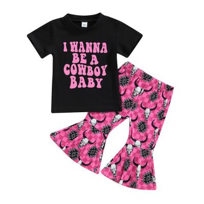 China Daily Wear Latest Popular Babies Spring Western Style Bull Printed Bell T-Shirt And Pant Sets for sale