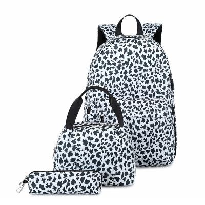 China With USB Wholesale Large Capacity Fashionable Women Kids Leopard Print School Travel Backpacks 3 Piece Set for sale