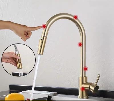 China Pull Out Spray Newly Designed Brushed Gold Water Sensor Kitchen Faucet Induction Water Sink Modern Vegetable Sink for sale