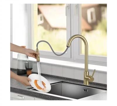 China Pull Out Spray High Quality Nickel Brushed Gold One Touch Kitchen Faucet Pull Out Touch Sensor Sink Faucet for sale