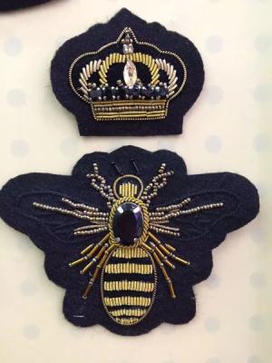 China Gold Crown / Bee Shaped Embroidered Bullion Wire Blazer Badges With Rhinestone for sale