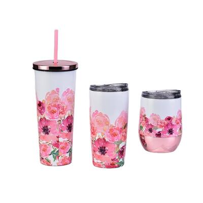 China Safe Food Grade Items Mother's Day Cup Set Tumbler 700ML Vacuum Stainless Steel Straw Flower Tumblers Customized Big Capacity Cup for sale