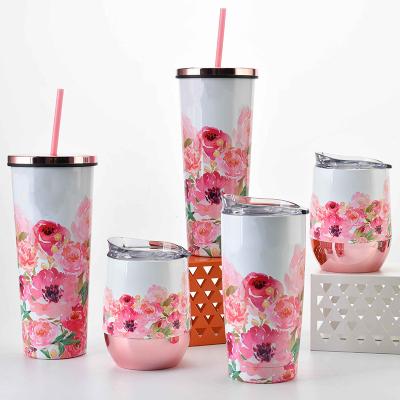 China Custom Viable Gift Mother's Day Gift Vacuum Tumbler Flower Printing Water Bottle Set Double Wall Stainless Steel Coffee Travel Mug for sale