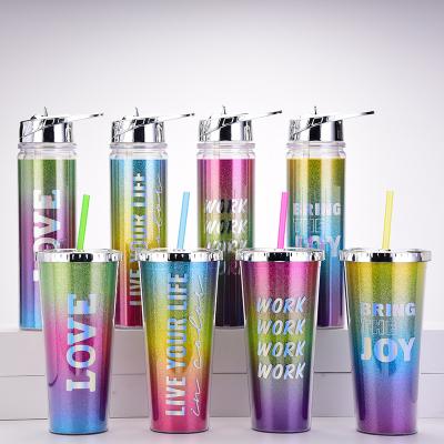 China Bling Plastic Gradient Beverage Water Bottle Eco Friendly Sustainable Wall Cup Double Rainbow Love Work Life Water Bottle For Students for sale