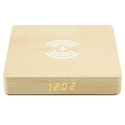 China Mobile Phone 2021 New Products 10W Portable Fast Bamboo Wooden Wireless Charger With Clock for sale