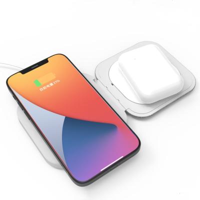 China Floding 2 in 1 Newest 2021 Dual 10W Mini Portable Desktop Fabric 2 in 1 Foldable Fast Folding Qi Wireless Charger for Cell Phone Airpods for sale