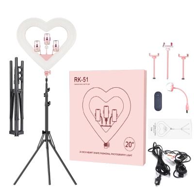 China PORTABLE Cheap Large Pink Heart Shape Camera Price Sufficiency Visual Lamp Makeup Stand LED Ring Light With Phone Holder 20 Inch Tripod for sale