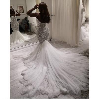 China Breathable Stunning Spaghetti Strap V-neck Lace Applique Mermaid Wedding Dress Bridal Gown for sale