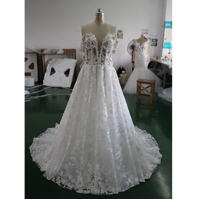 China Luxury Breathable Off-Shoulder V-Neck Lace Applique Beads Beaded A-Line Wedding Dress Bridal Gown for sale