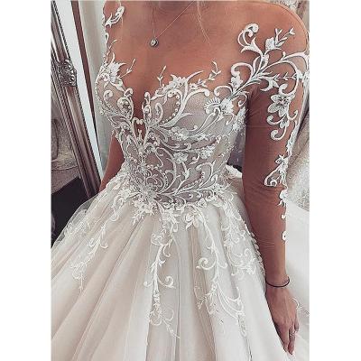 China Princess Wedding Dress Breathable Illusion Sleeves Lace Applique Ball Gown Long Ball Gown For Bride Wedding Custom Made for sale