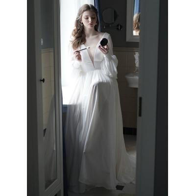 China 2022 Customs Breathable Long Sleeve Chiffon Wedding Dress V-Neckline A Line Soft Chiffon Bridal Dress for sale