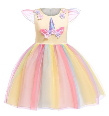 China Fashion Girl's Wholesale Breathable Unicorn Rainbow Gauze Dress With Short Sheaths Ruffle Girl Dresses for sale