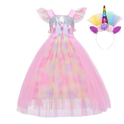 China Viable Wholesale Girls Casual Princess Dress Children Show Party Net Yarn Unicorn Dress And Accessories for sale