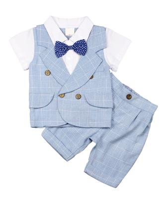 China Formal Boy's Two Piece Suit With Bule Plaid Shirt And Medium Length Pants Boys Clothes Kids Clothing Sets for sale