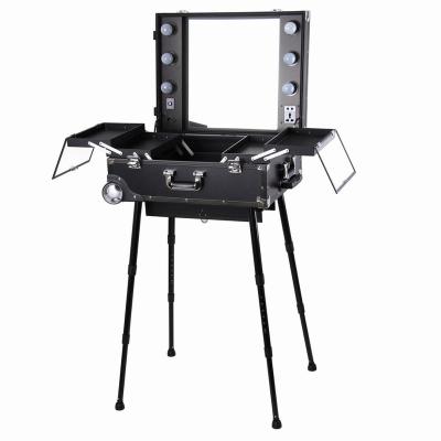 China Professional Large Size Aluminum Makeup Trolley Lighted Case With Legs for sale