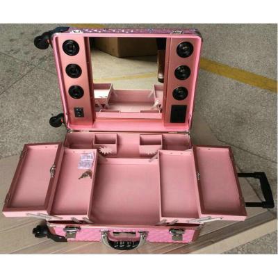 China Large Diamond ABS Aluminum Panel Aluminum Makeup Trolley Case With Portable Lights Studio Case for sale