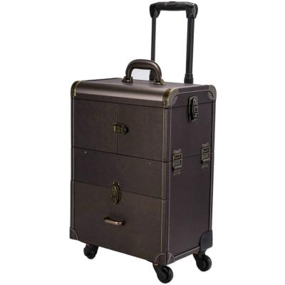 China ENGLAND STYLE Brown PVC Hair Beauty Tool Storage Rolling Case Makeup Trolley Travel Case On Wheels for sale