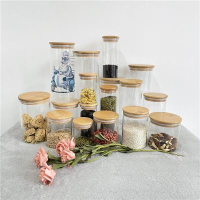 China DIY Sublimation Design Rice Storage Empty Microwavable Glass Storage Jars For Kitchen With Sealed Bamboo Wooden Airtight Lids for sale