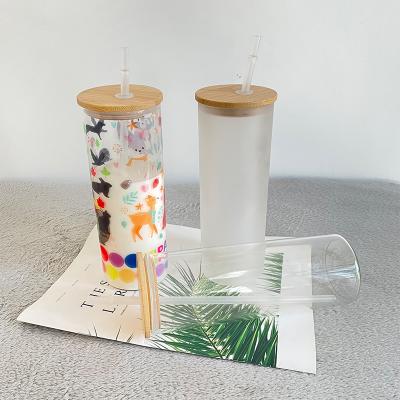 China Clear Transparent Frosted Glass Sublimation Water Mug 25oz Sublimation Blank Glass Cocktails Tumbler With Bamboo Lid For DIY Printing for sale