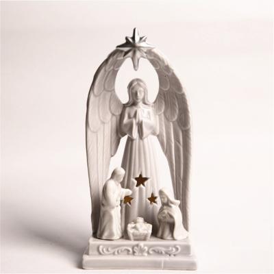 China Innovative Design Angel Christmas Ceramic Nativity Christmas Display Set with Led Light for sale