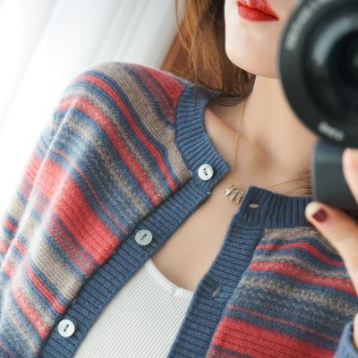 China Anti-wrinkle new winter cashmere cardigan with buttons sweater for women knitted striped round neck sweater for sale