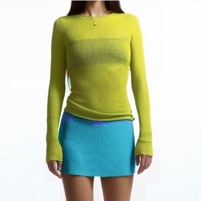 China Winter Autumn Green Women Cavity Breathable Sweater Sets Dress Women Sleeve Long Knitted Round Neck Sweaters Women for sale