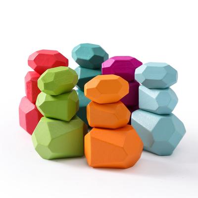 China China 16 Pieces Colorful Beech Wood Wooden Sorting Stacking Rocks Stone Kids Balancing Stones Toys for sale