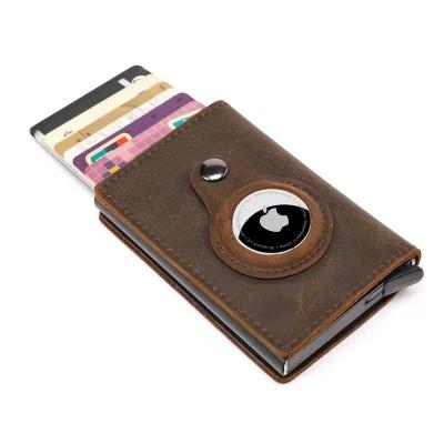 China OEM Smart RFID Blocking Automatic Noise Crazy Horse Leather Bifold Clip Shorts Money Front Pocket Airtag Wallet Holder Up Holder for sale