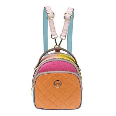 China OEM Factory Wave Korean Portable Female Zipper Backpack Colorful Genuine Leather Splicing Bags For Girls for sale