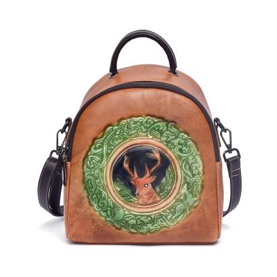 China Factory Price Portable Vintage OEM Genuine Leather Embossing Women Backpack Girl Handbag Small for sale