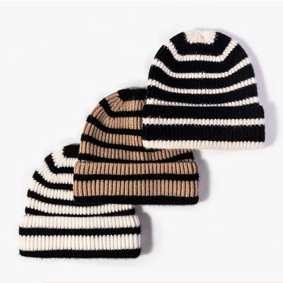 China YN Trendy Unisex Daily Lightweight Slouchy Knit Cuff Black White Stripes Fashion Beanie Hat For Women Men for sale