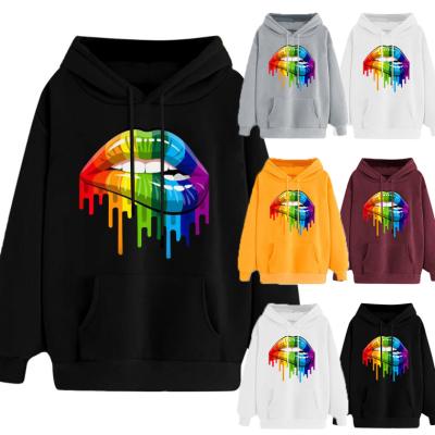 China Breathable autumn rainbow candy color plus velvet hoodie long sleeve sweaters European and American women's lips print loose hoodie for sale