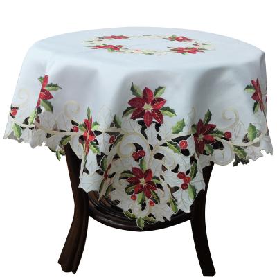 China Oilproof Square Christmas Poinsettia Design Polyester Ivory White Hollow Out Tablecloth for Christmas for sale