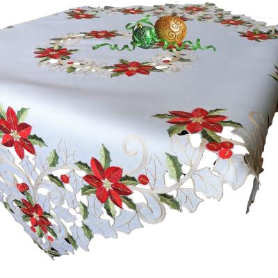 China Classic American Style Christmas Use Embroidered White Poinsettia Color Table Cloth Table Topper Table Cover 85x85cm for sale