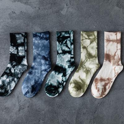 China New Color Breathable Statistical Institute European Hip Hop Fashion Street High Top Autumn And Winter Socks Tie Dye Personality Skate Socks for sale