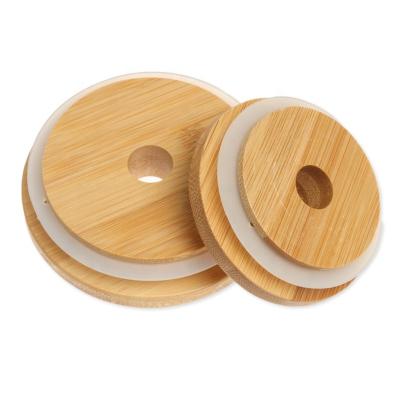 China Non Spill Eco-Friendly Mason Jar Lids Bamboo Tea Coffee Cup Reusable Wooden Cover 70mm Size Lids With Straw Hole for sale