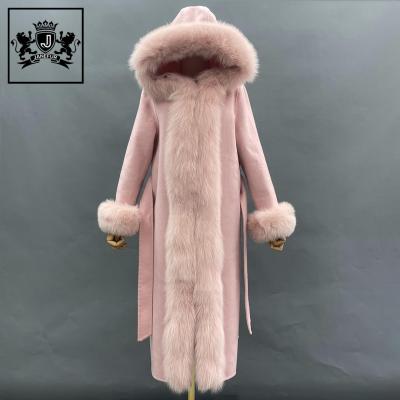 China Winter Straight Women Autumn Straight Cashmere Fox Hooded Hooded Luxury Belted Luxury Fur Coat for sale