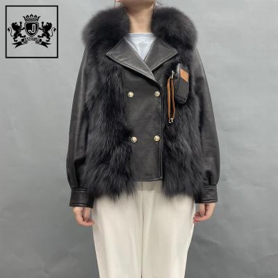 China New Design Winter Black Fox Fur Breathable High Quality Casual Leather Jacket for sale