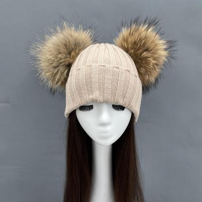 China Custom Made Unisex Acrylic Funny Natural Raccoon Fur Pom Pom Beanie Hats COMMON Wholesale for sale